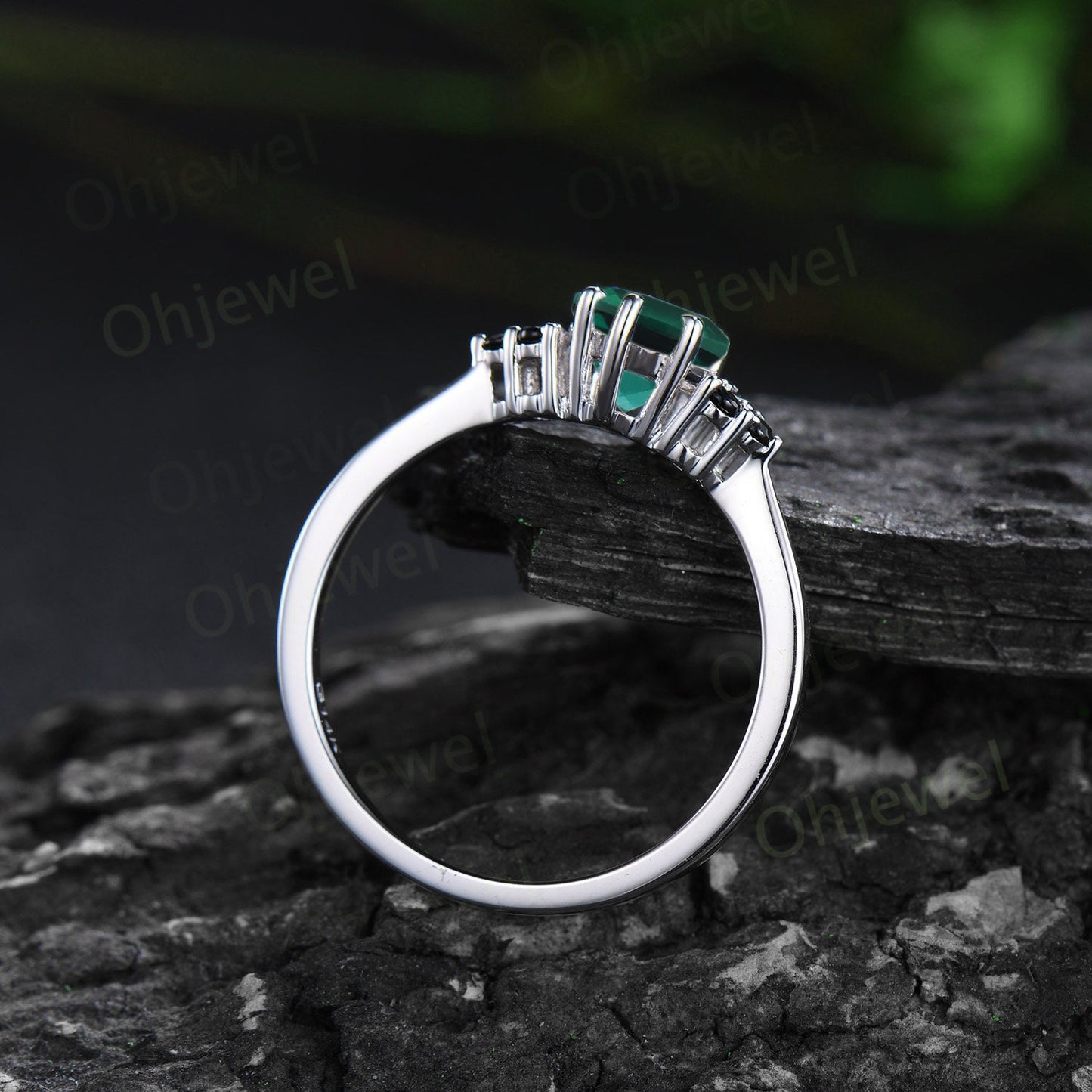 Unique kite cut green emerald engagement ring solid 14k white gold black spinel moissanite Personalized promise anniversary ring women her