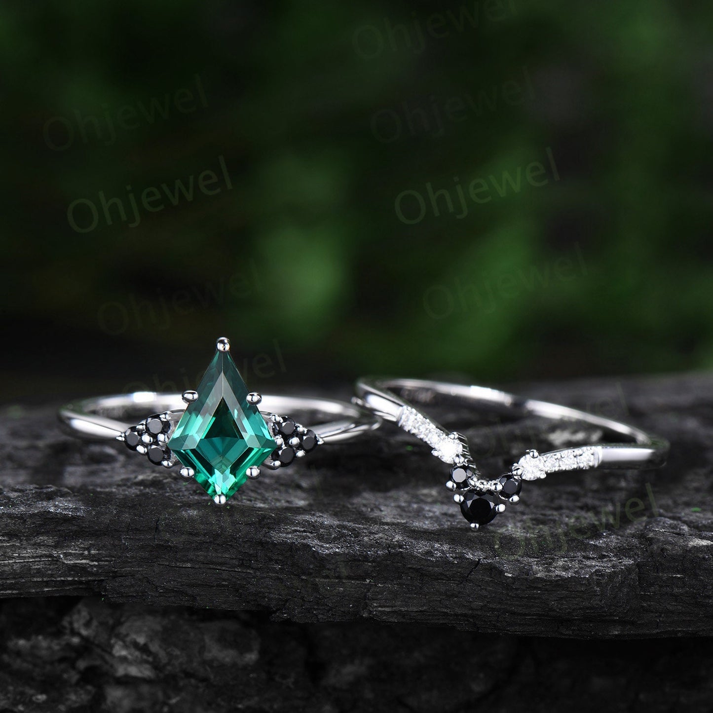 Unique kite cut green emerald engagement ring solid 14k white gold black spinel moissanite Personalized promise anniversary ring women her