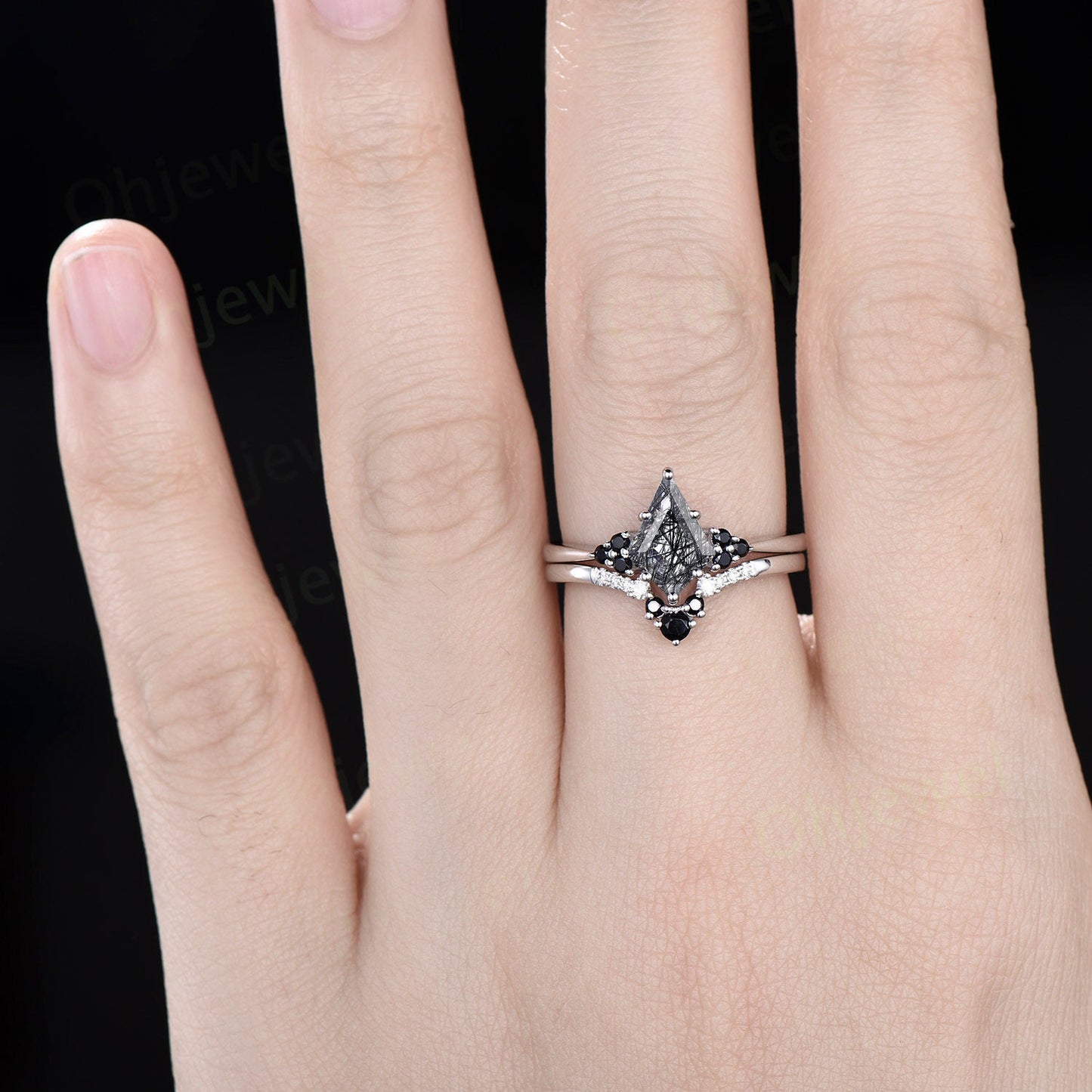 Unique kite black rutilated quartz engagement ring solid 14k white gold black spinel moissanite Personalized promise anniversary ring women
