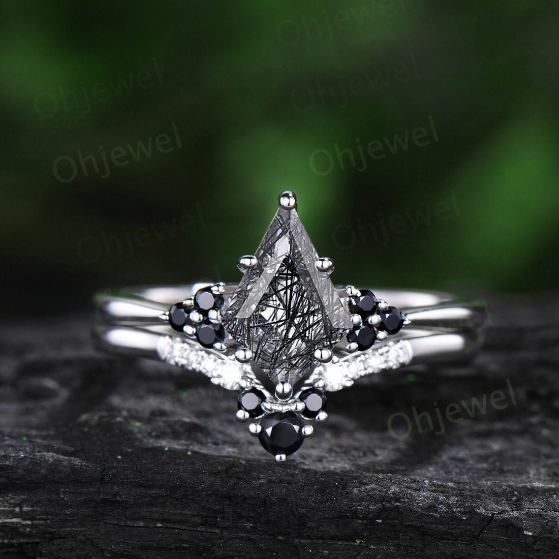 Unique kite black rutilated quartz engagement ring solid 14k white gold black spinel moissanite Personalized promise anniversary ring women