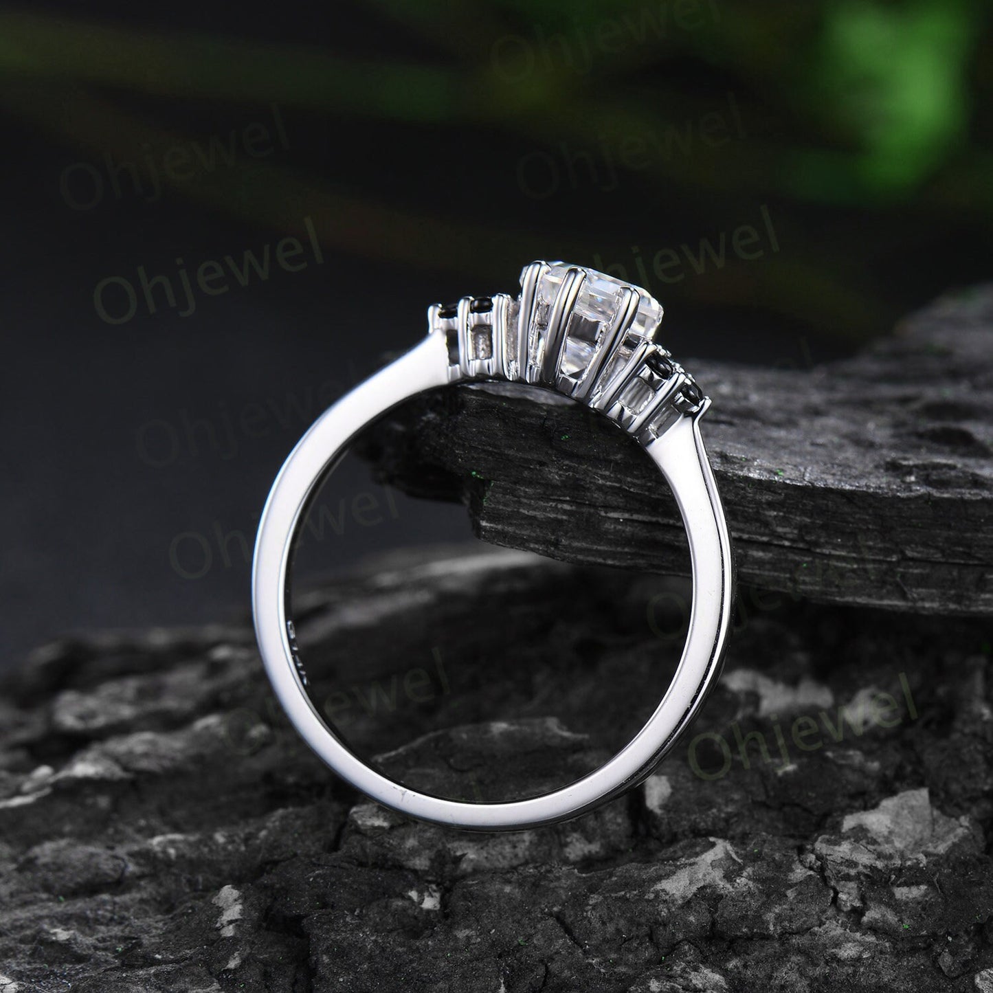 Unique kite cut moissanite engagement ring solid 14k white gold black spinel moissanite Personalized promise anniversary ring women her
