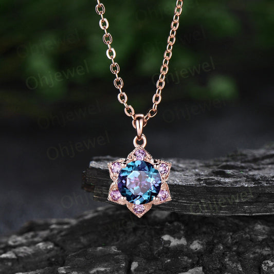 Round Alexandrite necklace vintage milgrain floral amethyst Pendant women solid 14k rose gold June birthstone anniversary gift for her