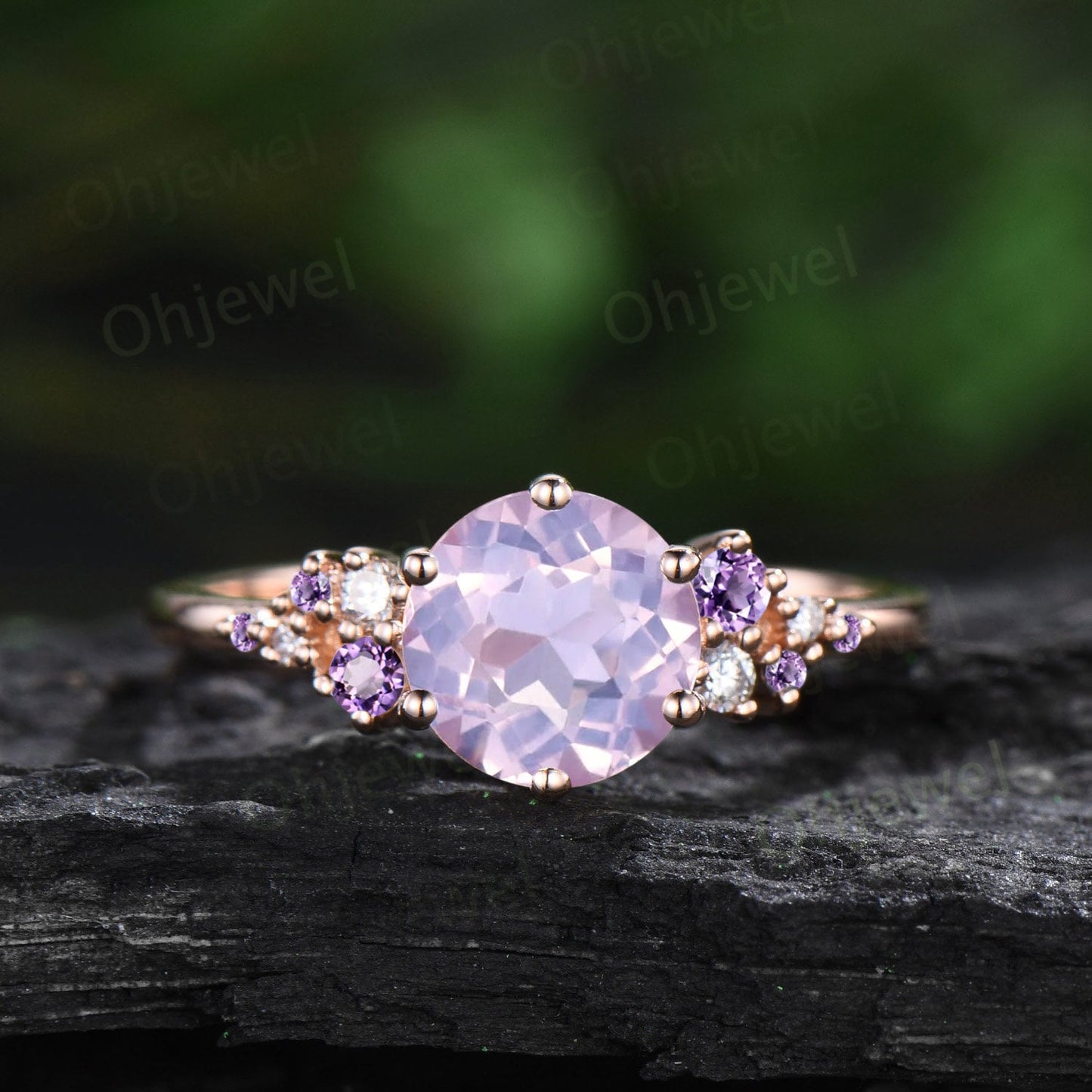 Round cut lavender Amethyst ring vintage rose gold snowdrift unique engagement ring set alexandrite wedding ring band women crystal ring