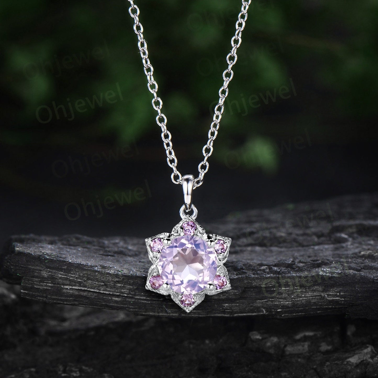 Round Lavender Amethyst necklace vintage milgrain floral purple amethyst Pendant women rose gold February birthstone anniversary gift her