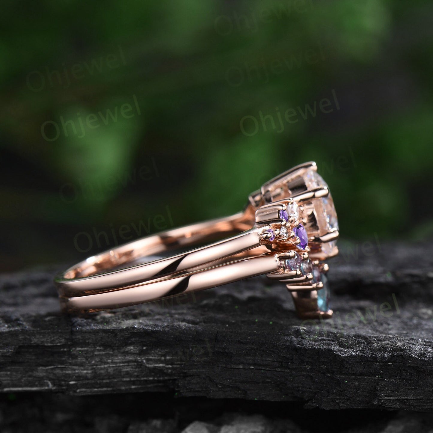 Unique round cut moissanite engagement ring set rose gold snowdrift moissanite ring alexandrite wedding bridal ring set women jewelry