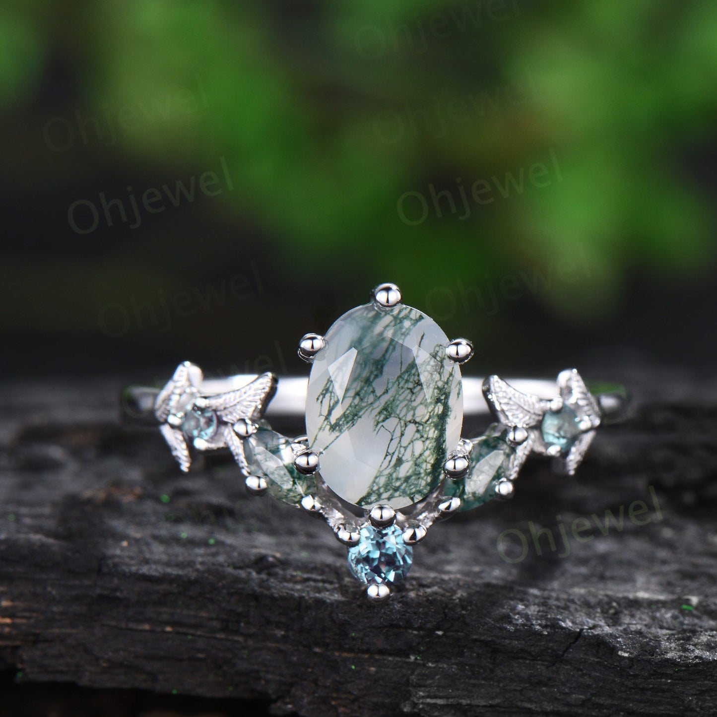 Leaf oval moss agate engagement ring white gold art deco nature inspired alexandrite ring women antique wedding bridal ring set women
