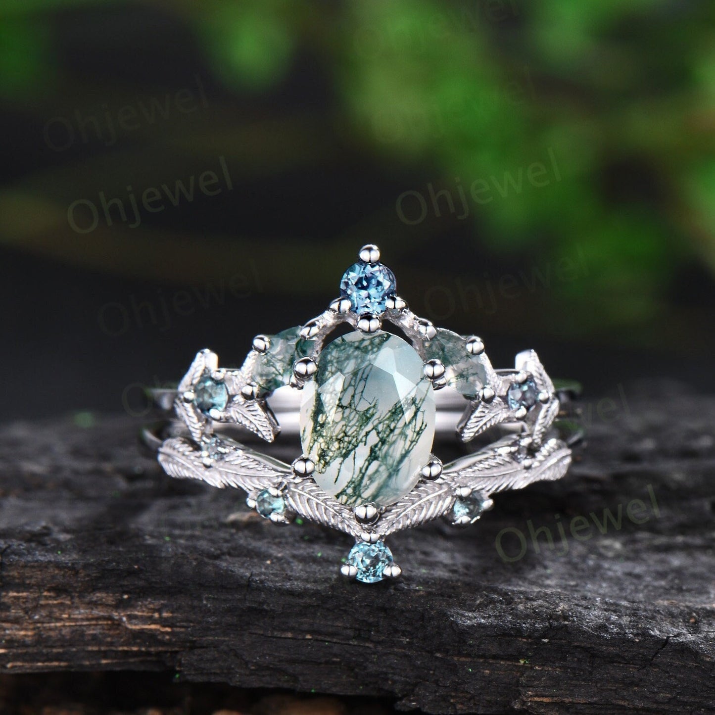Leaf oval moss agate engagement ring white gold art deco nature inspired alexandrite ring women antique wedding bridal ring set women