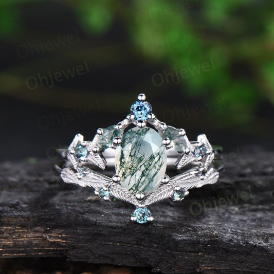 Leaf oval moss agate engagement ring white gold art deco nature inspired alexandrite ring women antique wedding bridal ring set women
