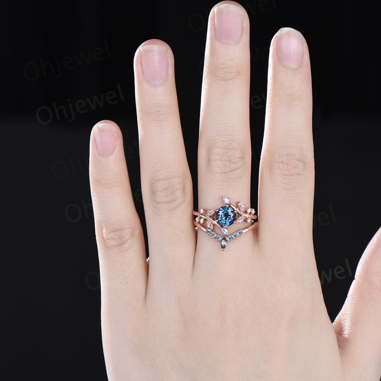 1ct round alexandrite engagement ring leaf cluster rose gold marquise moonstone ring women stacking twisted promise anniversary ring set
