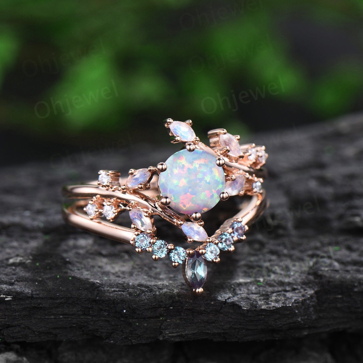 1ct round white opal engagement ring leaf cluster rose gold marquise moonstone ring women stacking twisted promise anniversary ring set