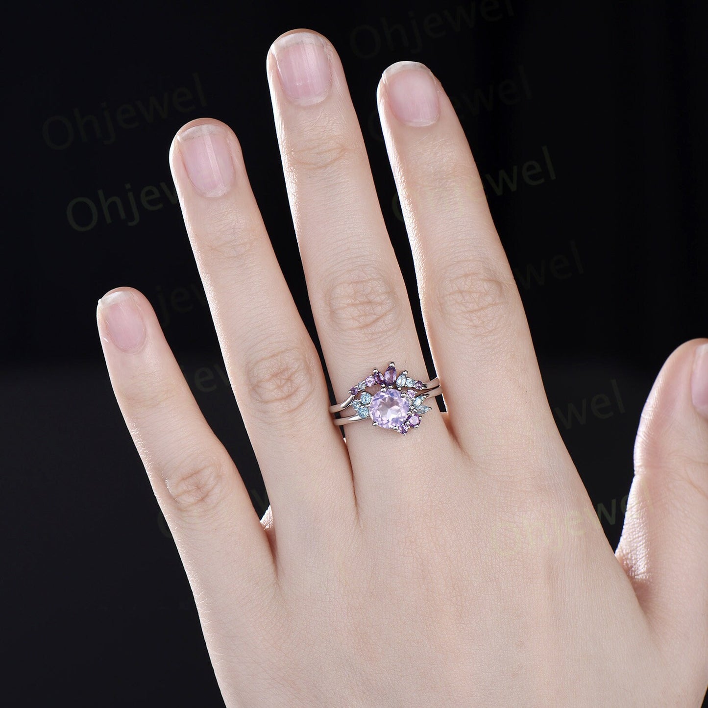 Round Lavender Amethyst engagement ring white gold 6 prong cluster blue topaz amethyst ring women stacking bridal set birthstone gift her
