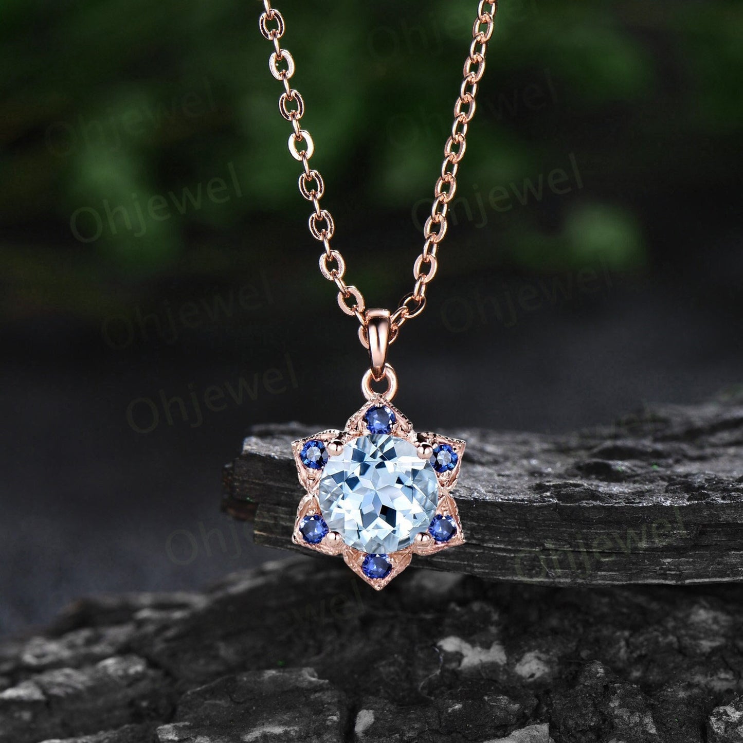 Round natural aquamarine necklace vintage milgrain floral sapphire Pendant women solid 14k rose gold March birthstone anniversary gift her