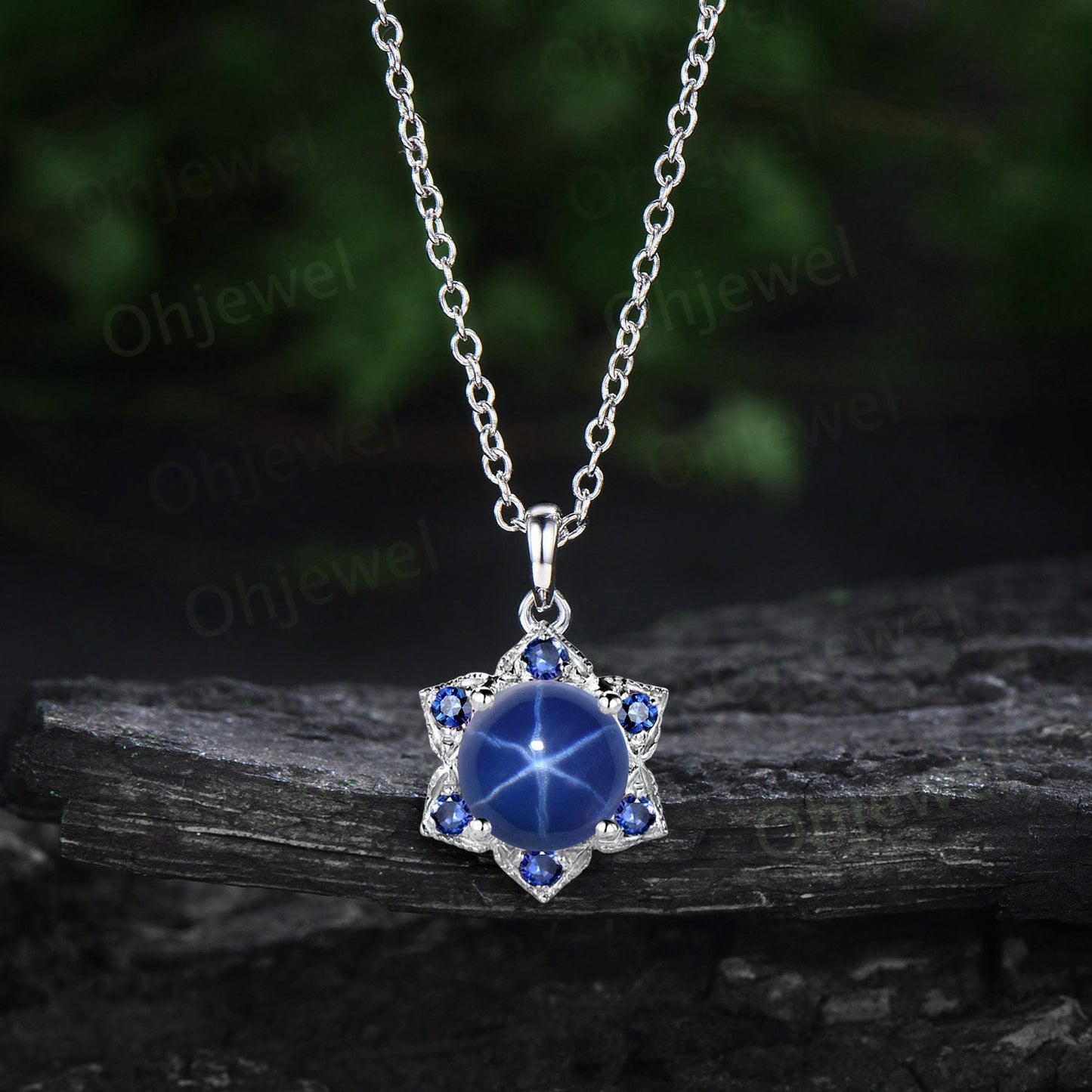 Round blue star sapphire necklace vintage milgrain floral sapphire Pendant women solid 14k rose gold September birthstone anniversary gift