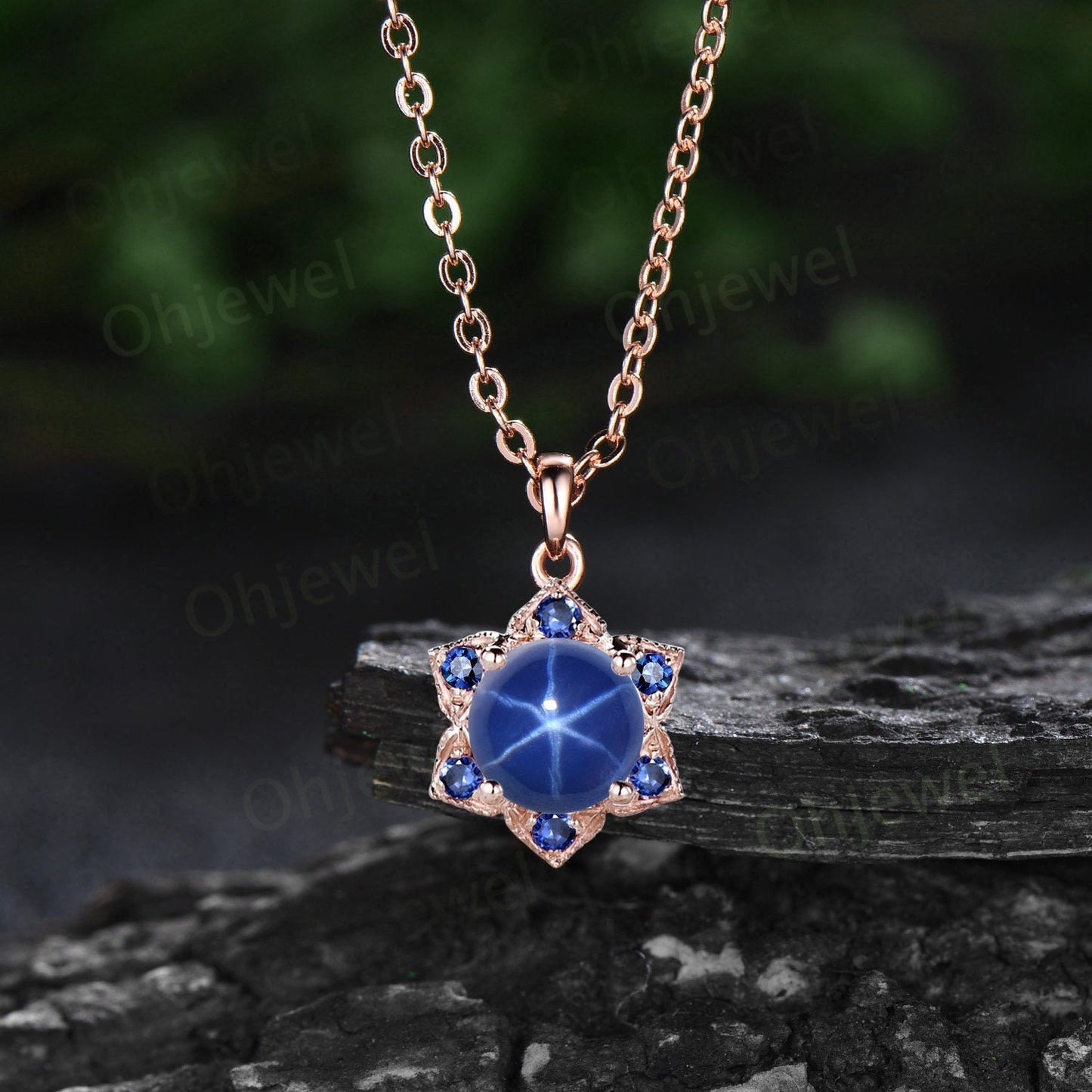 Round blue star sapphire necklace vintage milgrain floral sapphire Pendant women solid 14k rose gold September birthstone anniversary gift