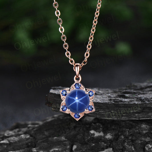 Round blue star sapphire necklace vintage milgrain floral sapphire Pendant women solid 14k rose gold September birthstone anniversary gift