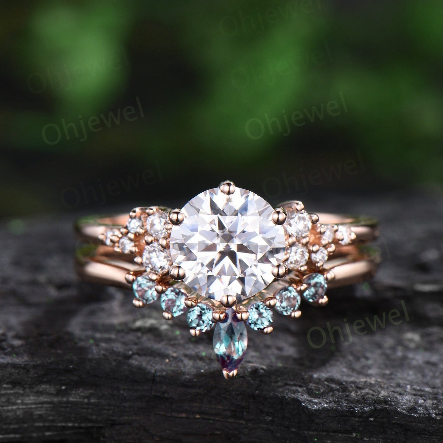 Unique round cut moissanite engagement ring set rose gold snowdrift moissanite ring alexandrite wedding bridal ring set women jewelry
