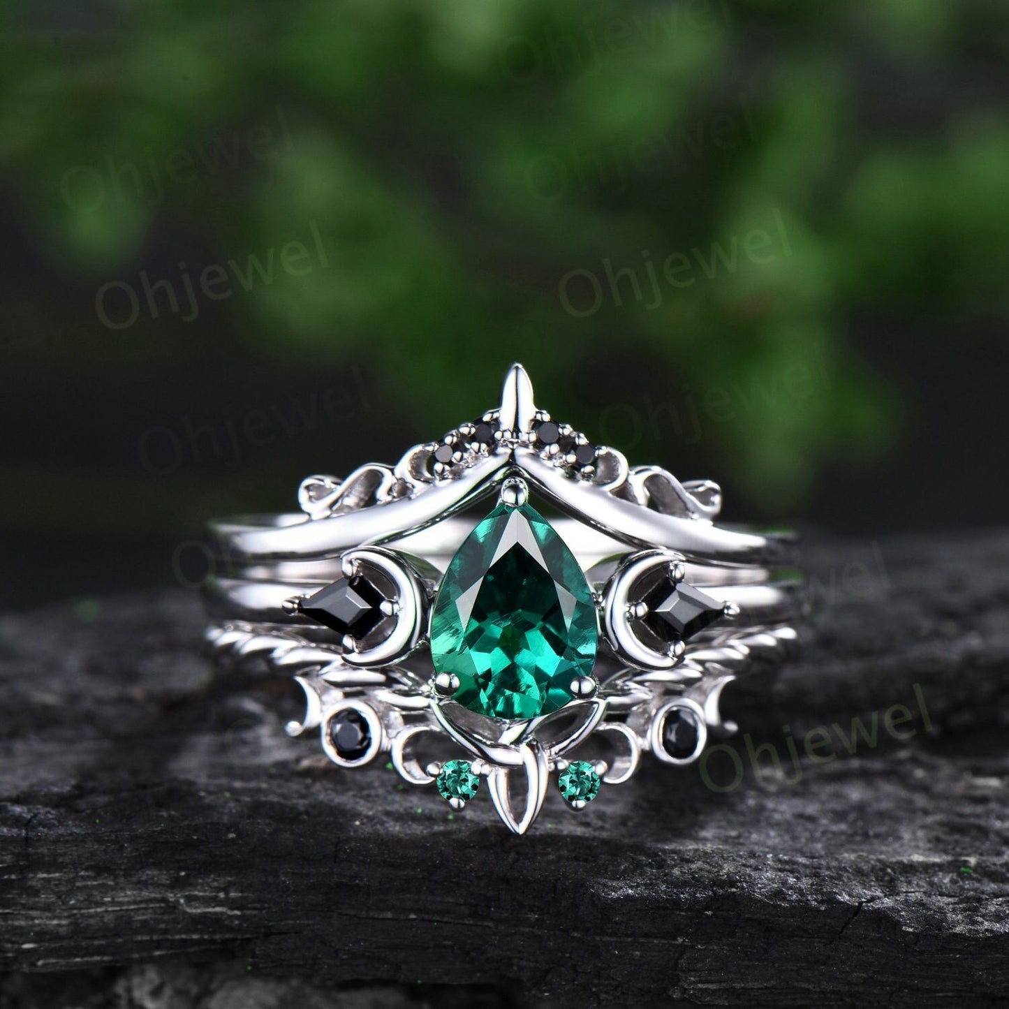 Unique pear shaped emerald engagement ring solid 14k white gold art deco moon ring set kite black spinel wedding bridal ring set women gift