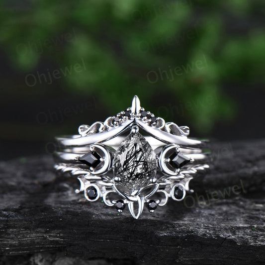 Vintage pear black rutilated quartz engagement ring white gold art deco moon ring set black stone unique anniversary promise ring women her