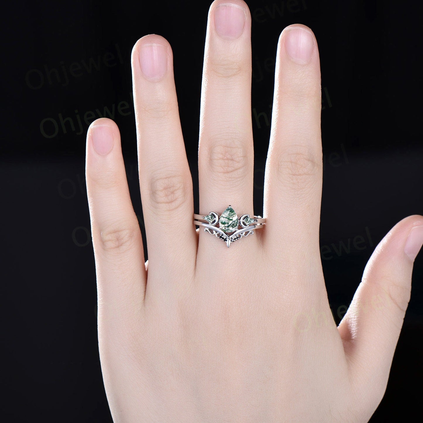 Three stone kite pear green moss agate engagement ring solid 14k white gold vintage black diamond moon bridal promise ring women jewelry