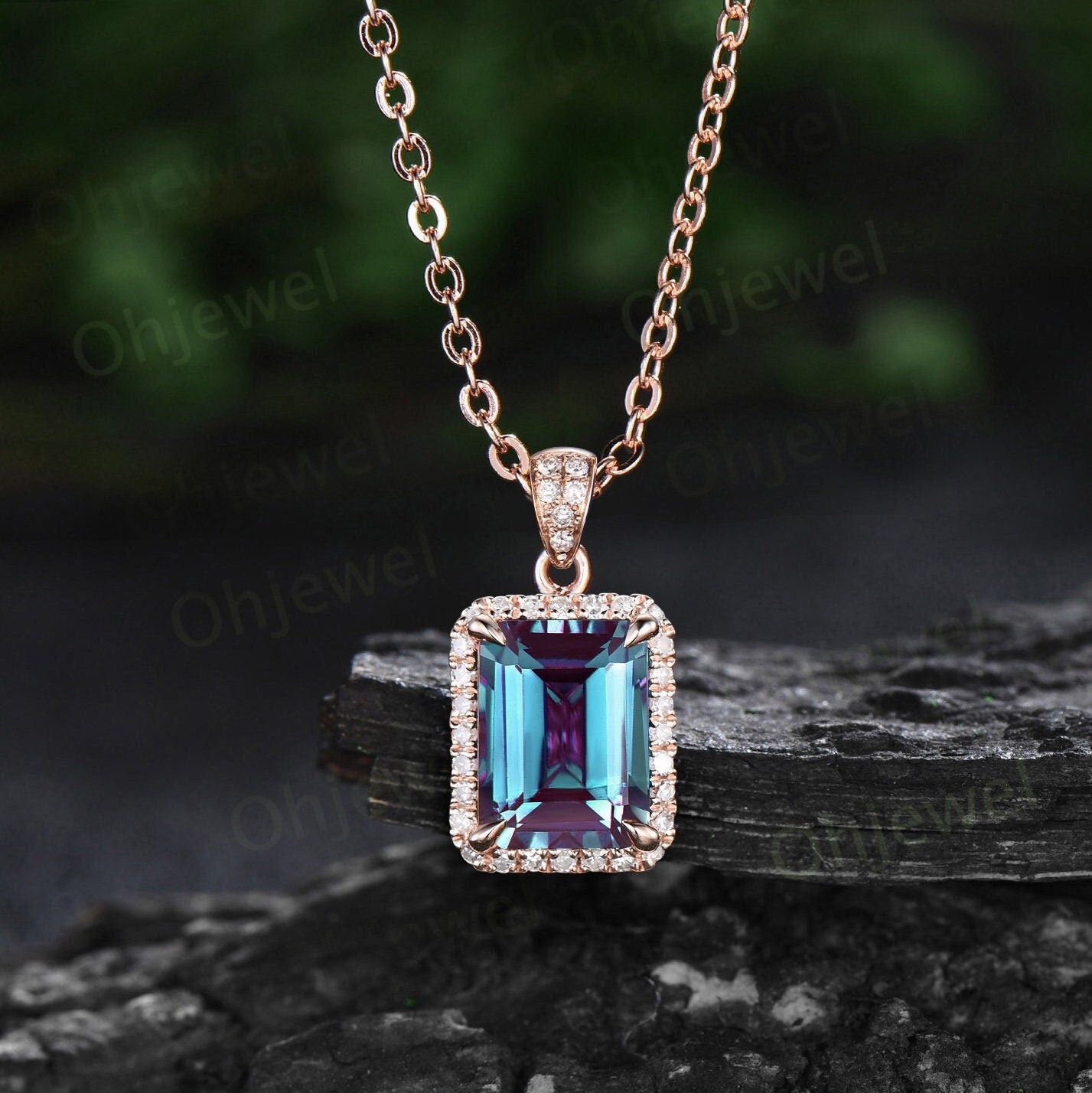 3ct emerald cut alexandrite necklace solid 14k rose gold unique halo diamond Pendant women Personalized antique anniversary gift her