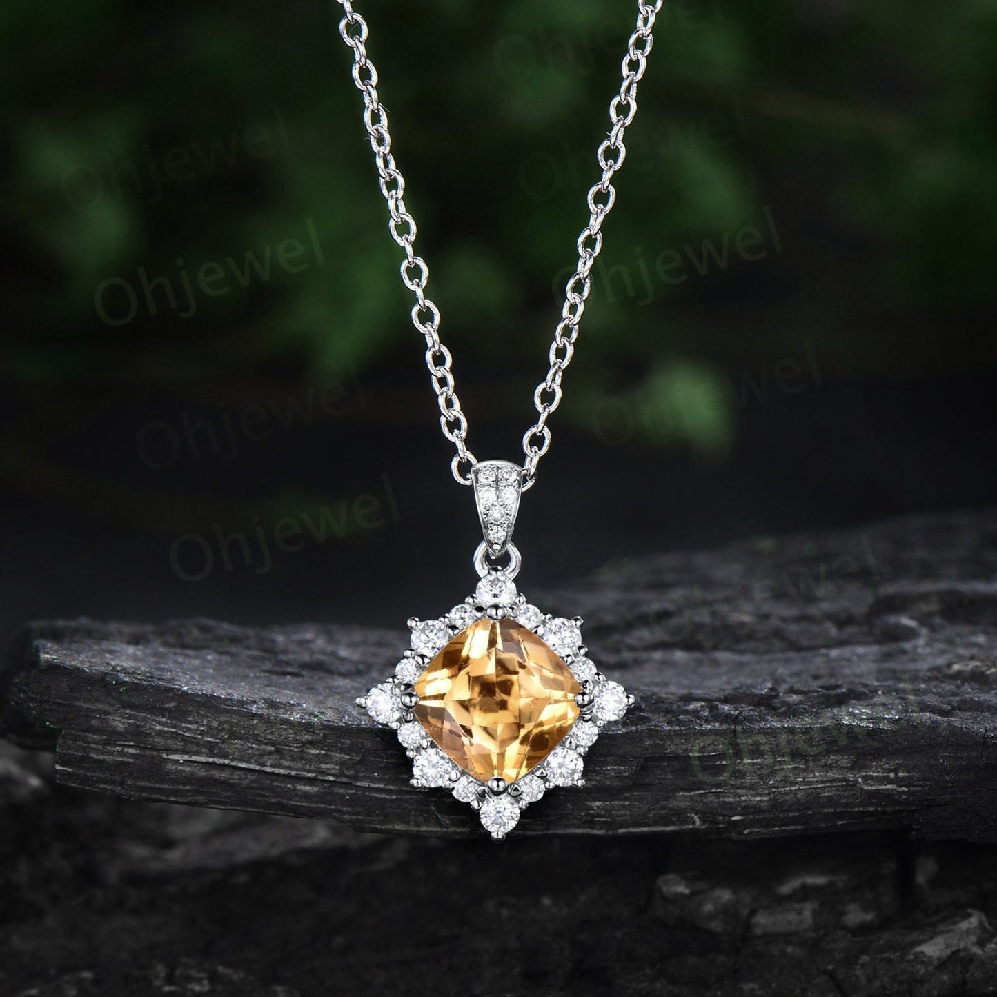Cushion cut citrine necklace solid 14k yellow gold unique snowdrift halo diamond Pendant November birthstone anniversary gift for women her
