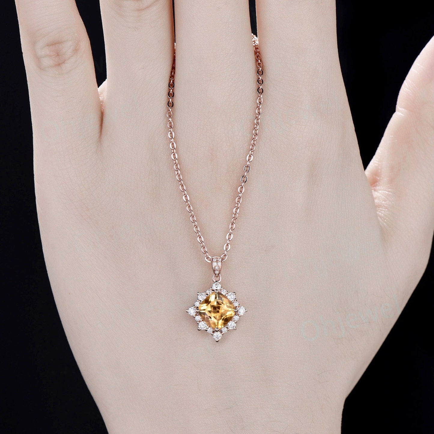 Cushion cut citrine necklace solid 14k yellow gold unique snowdrift halo diamond Pendant November birthstone anniversary gift for women her