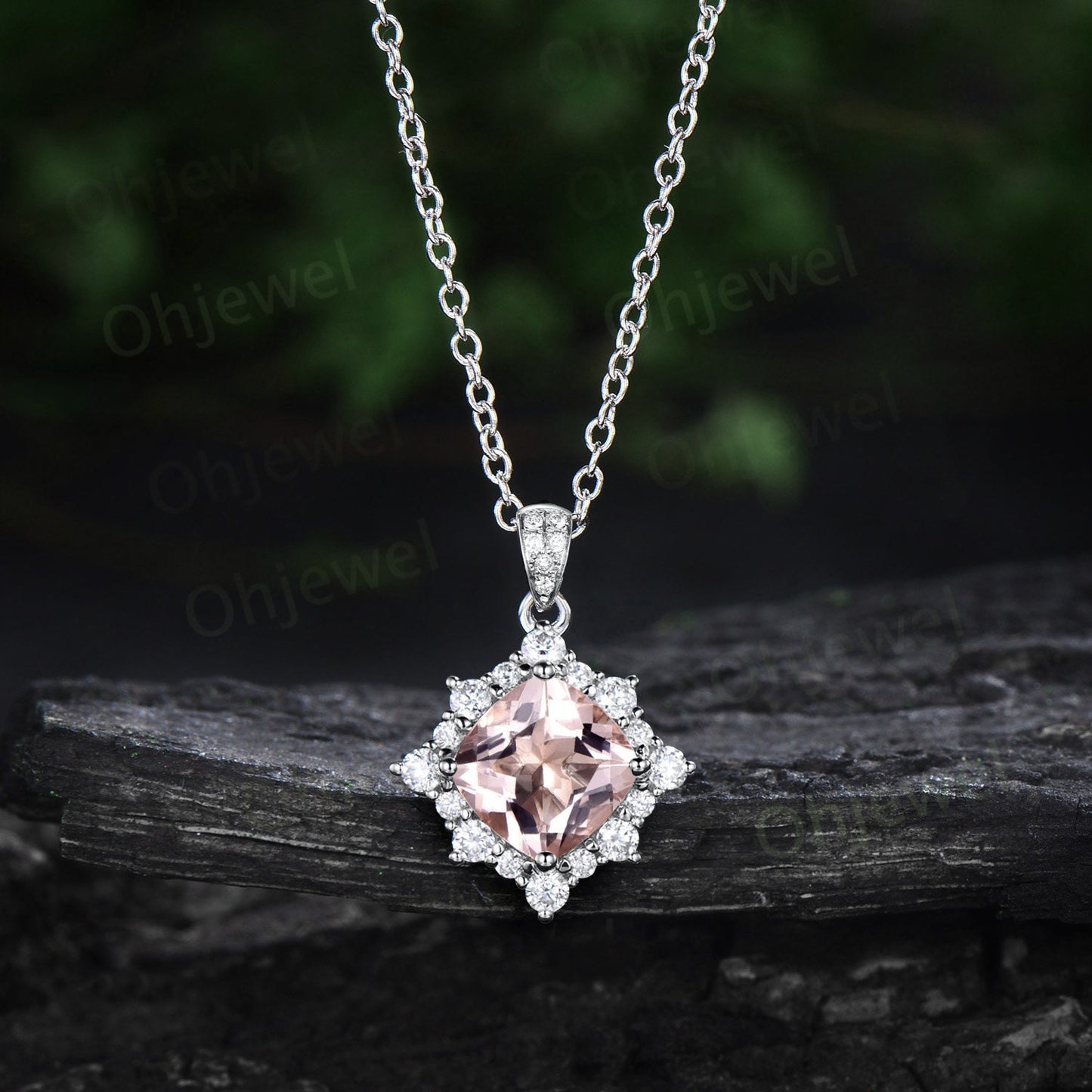 Vintage cushion cut morganite necklace solid 14k rose gold unique snowdrift halo diamond Pendant pink gemstone anniversary gift women her