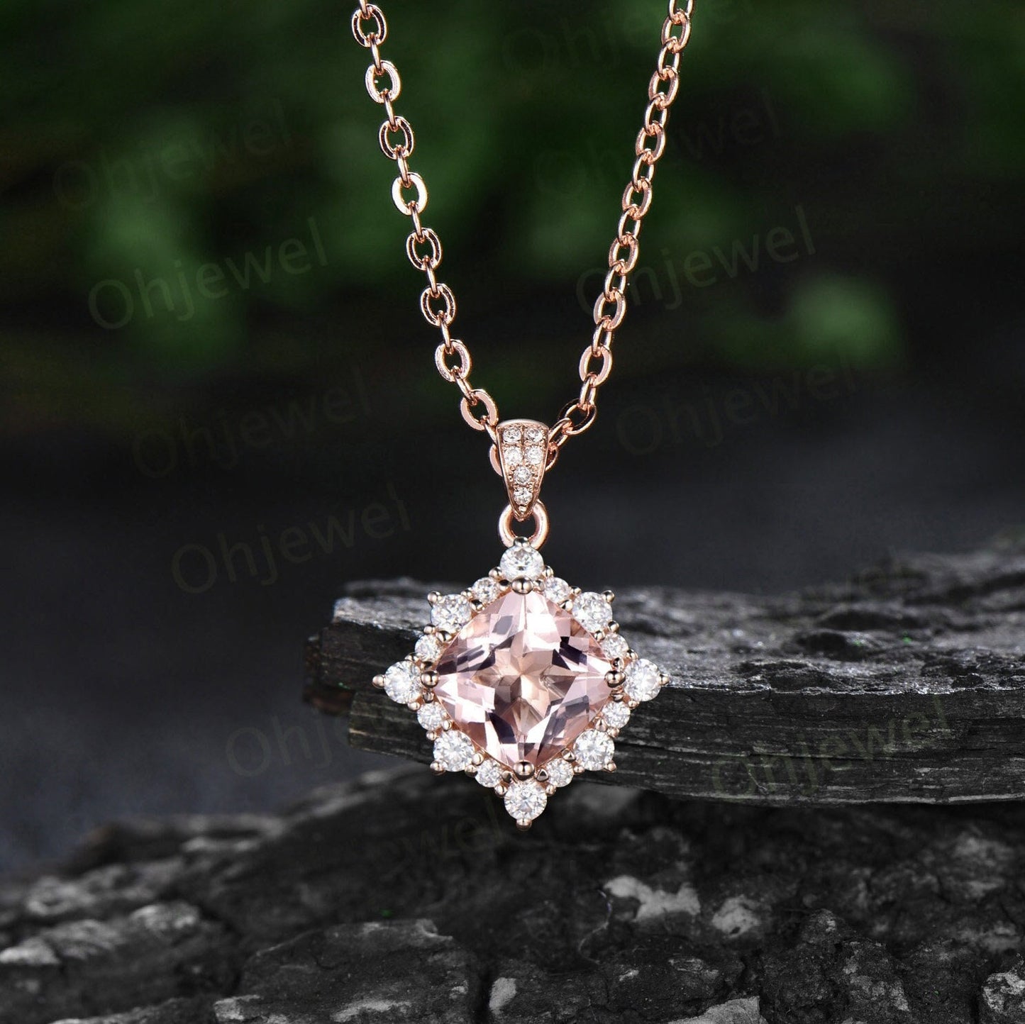 Vintage cushion cut morganite necklace solid 14k rose gold unique snowdrift halo diamond Pendant pink gemstone anniversary gift women her