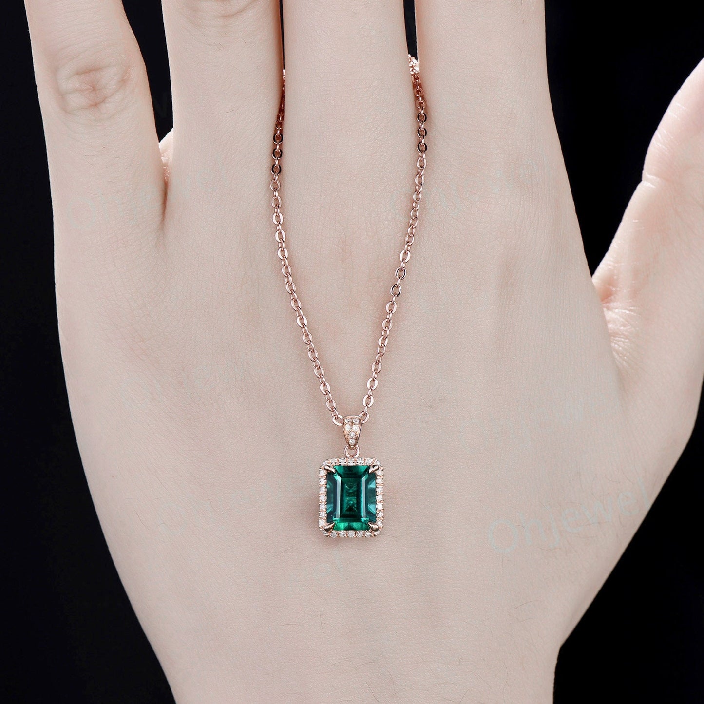 3ct emerald cut green emerald necklace solid 14k yellow gold unique halo diamond Pendant women Personalized antique anniversary gift her