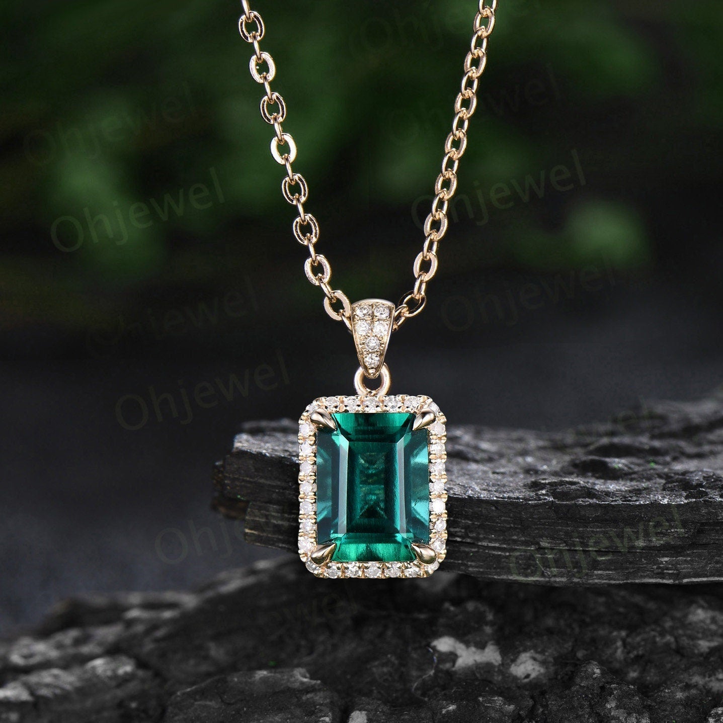 3ct emerald cut green emerald necklace solid 14k yellow gold unique halo diamond Pendant women Personalized antique anniversary gift her