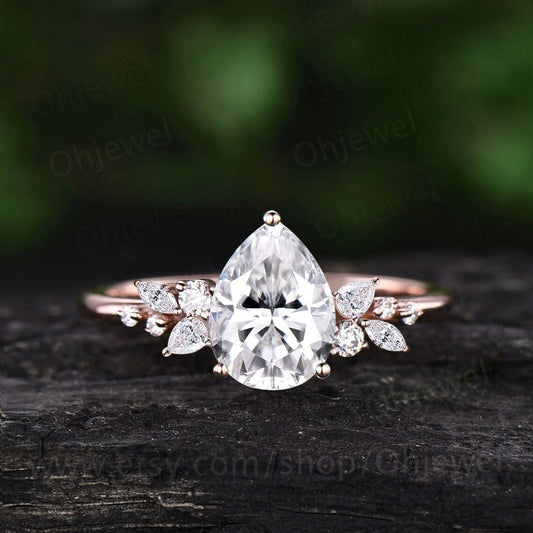 Unique pear shaped moissanite engagement ring solid 14k rose gold cluster snowdrift diamond bridal promise wedding anniversary ring women