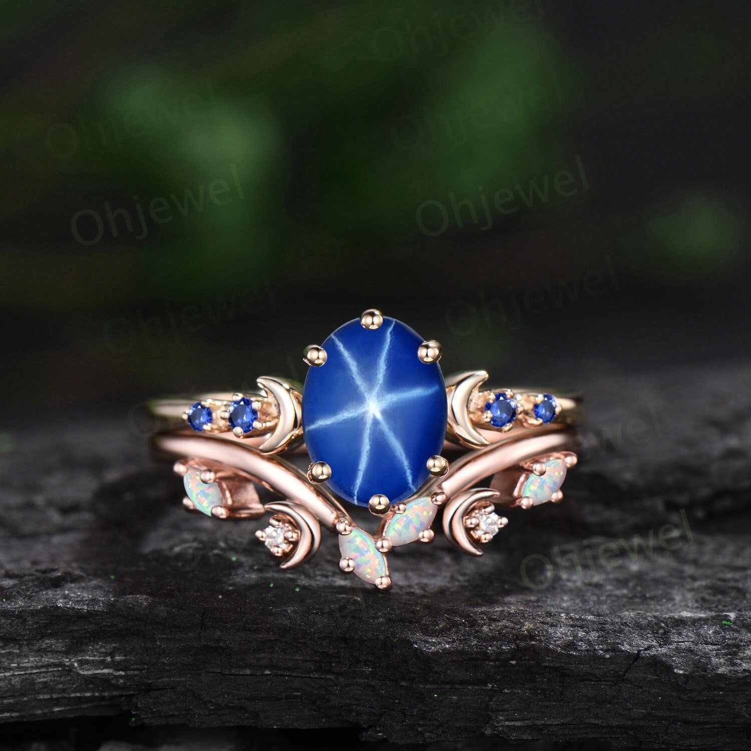Oval star sapphire ring moon opal wedding ring set art deco five ...