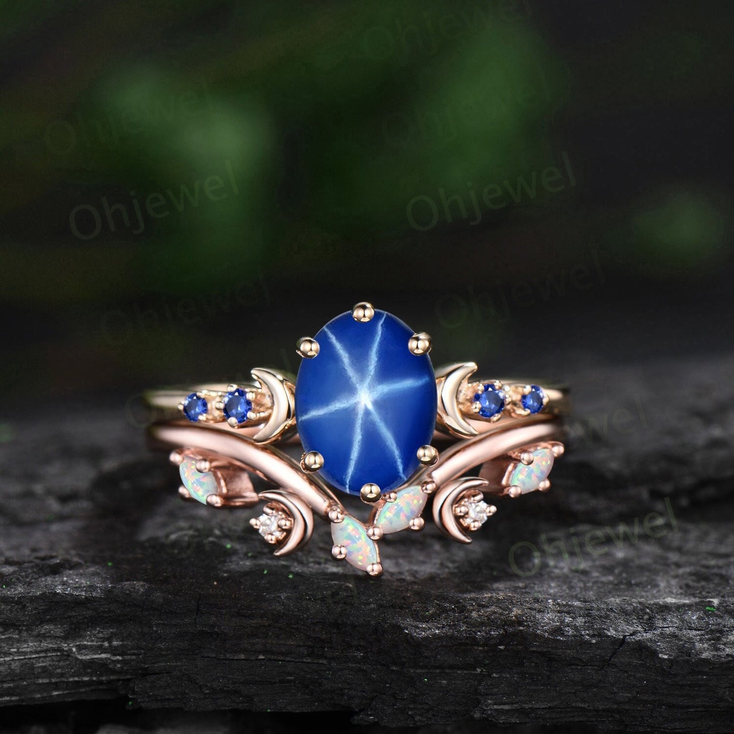 Oval star sapphire ring moon opal wedding ring set art deco five stone unique engagement ring women yellow gold anniversary ring gift
