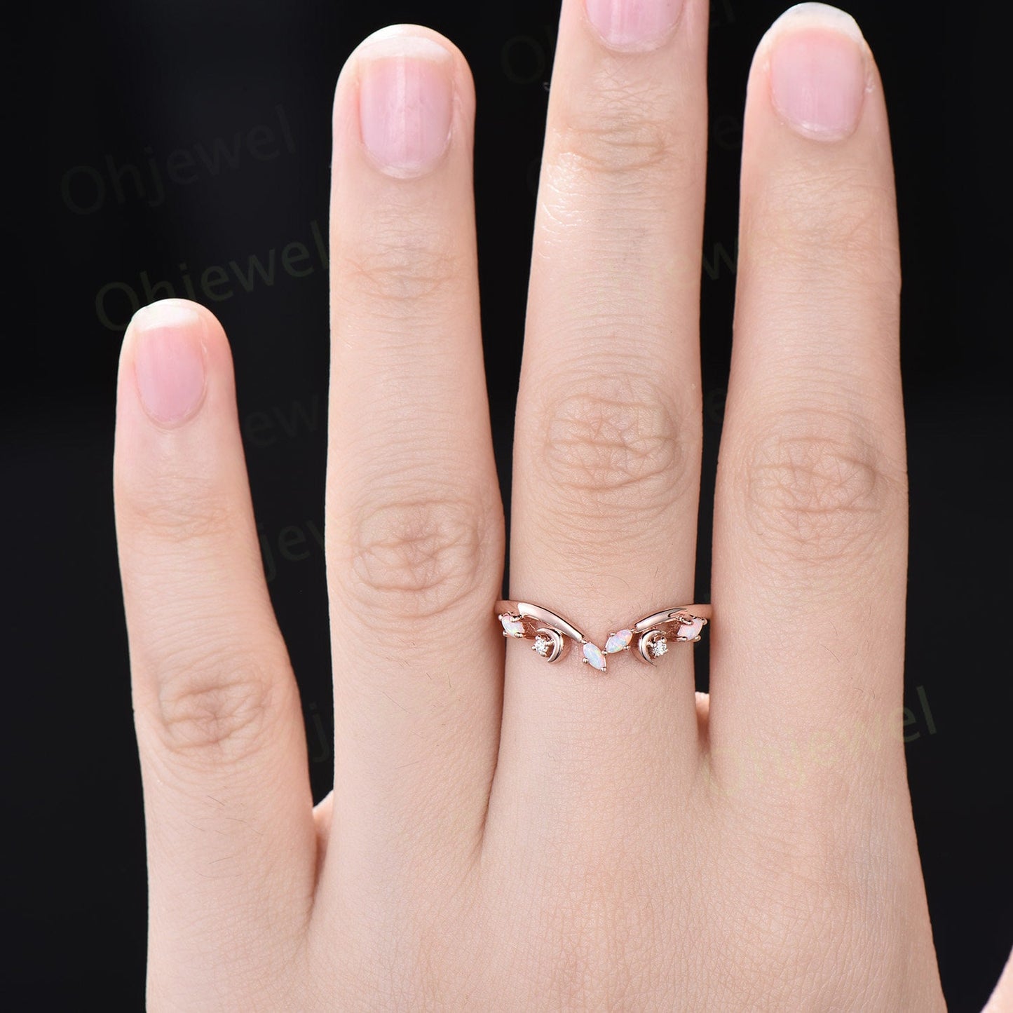 Curved marquise opal wedding band solid 14k rose gold cluster chevron 6 stone moon stacking anniversary wedding ring band women gift
