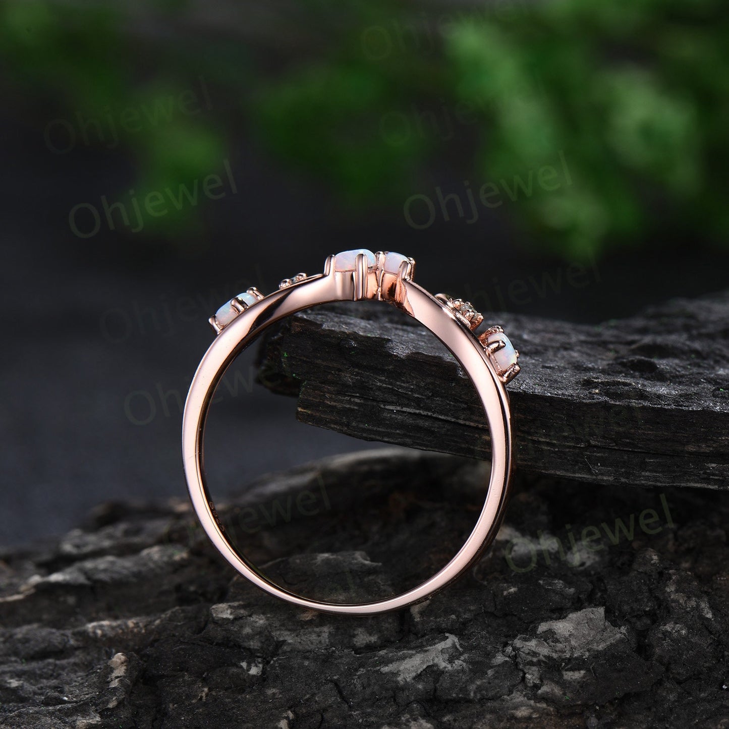 Curved marquise opal wedding band solid 14k rose gold cluster chevron 6 stone moon stacking anniversary wedding ring band women gift
