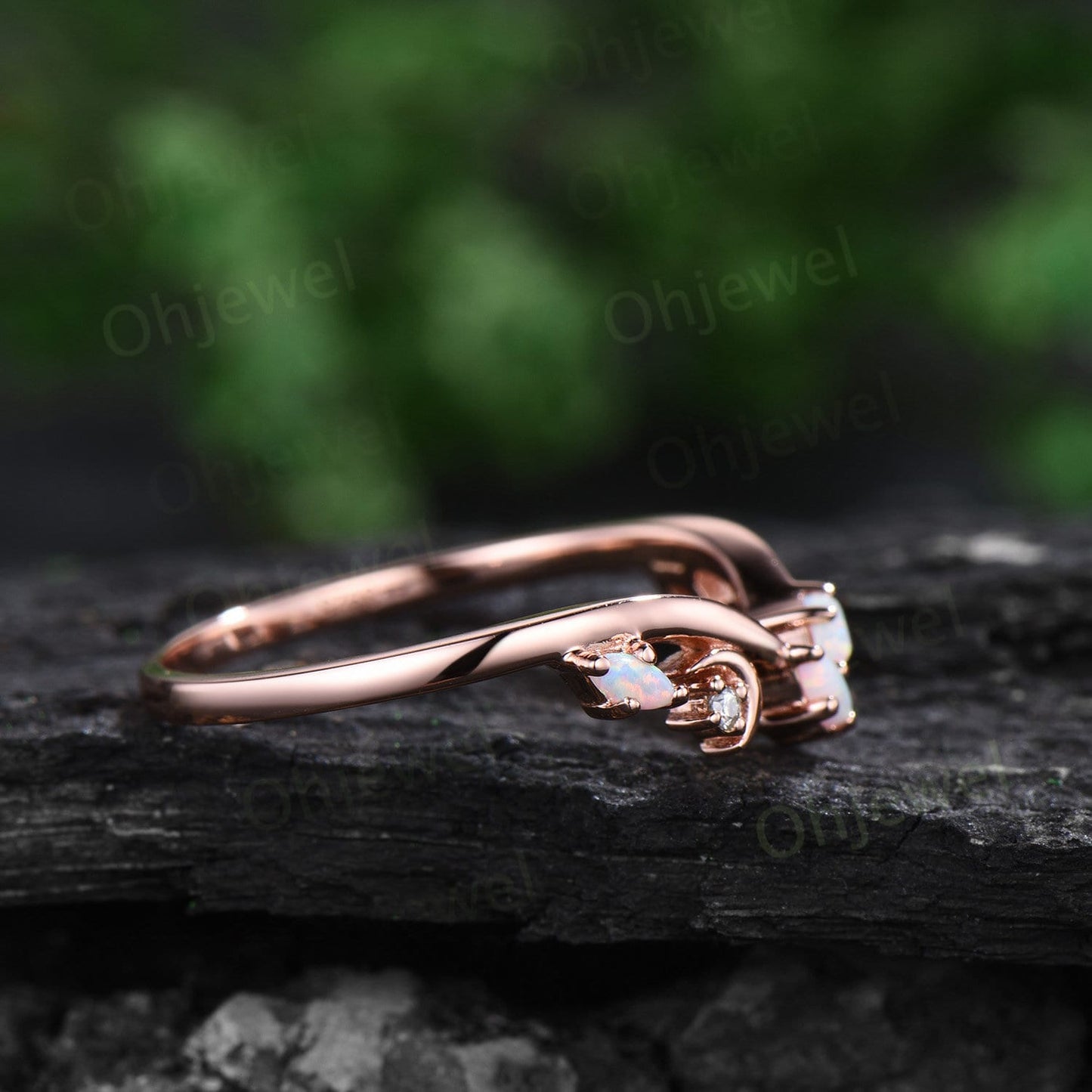 Curved marquise opal wedding band solid 14k rose gold cluster chevron 6 stone moon stacking anniversary wedding ring band women gift