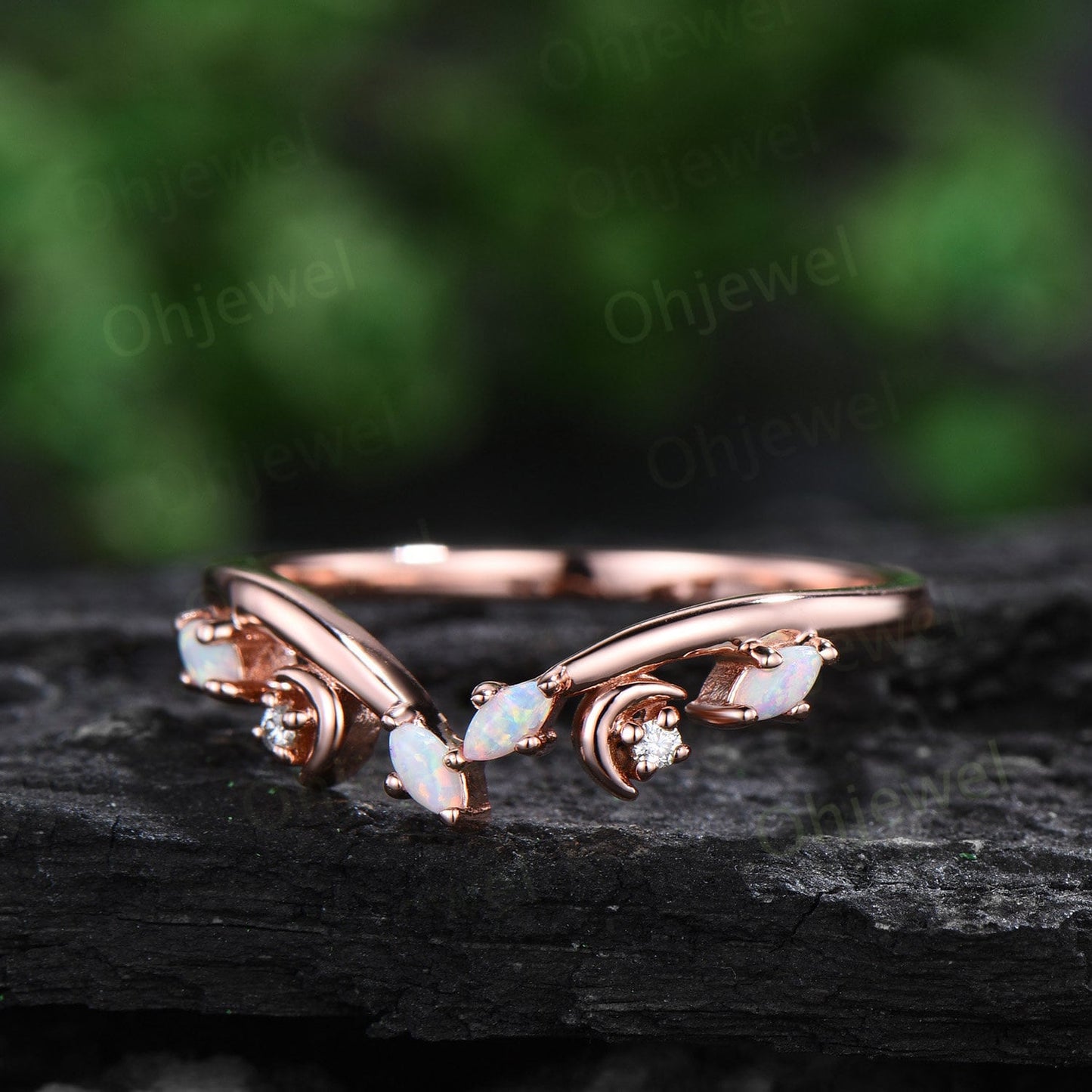 Curved marquise opal wedding band solid 14k rose gold cluster chevron 6 stone moon stacking anniversary wedding ring band women gift