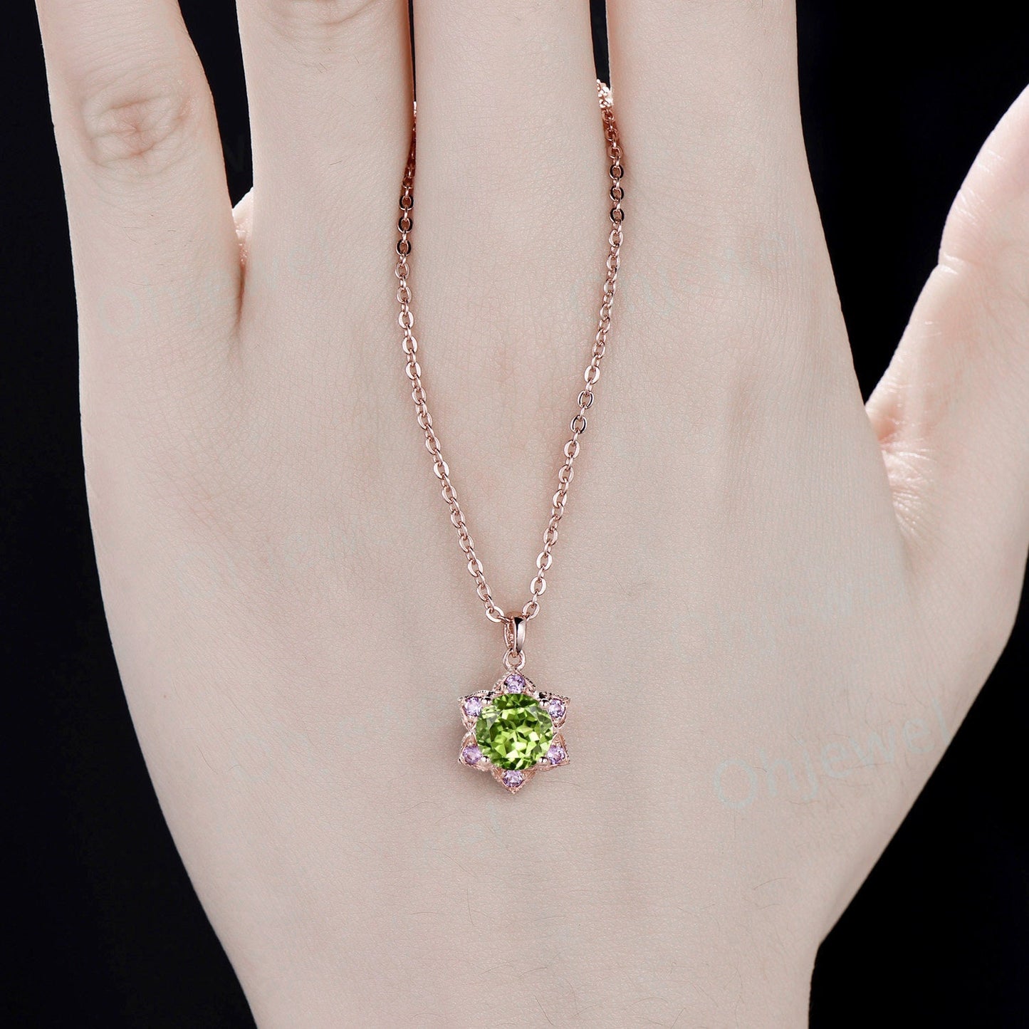 Round peridot necklace vintage milgrain floral purple amethyst Pendant women solid 14k rose gold August birthstone anniversary gift her