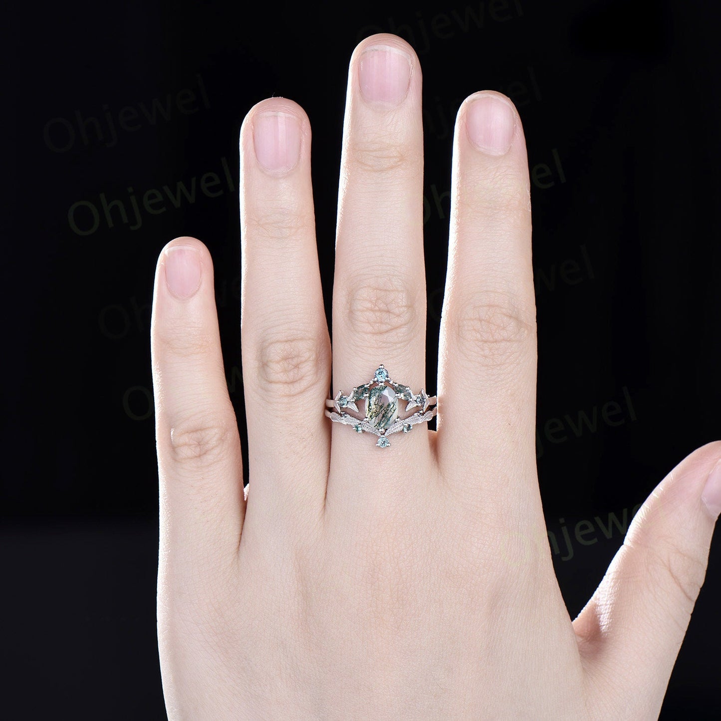 Leaf oval moss agate engagement ring white gold art deco nature inspired alexandrite ring women antique wedding bridal ring set women