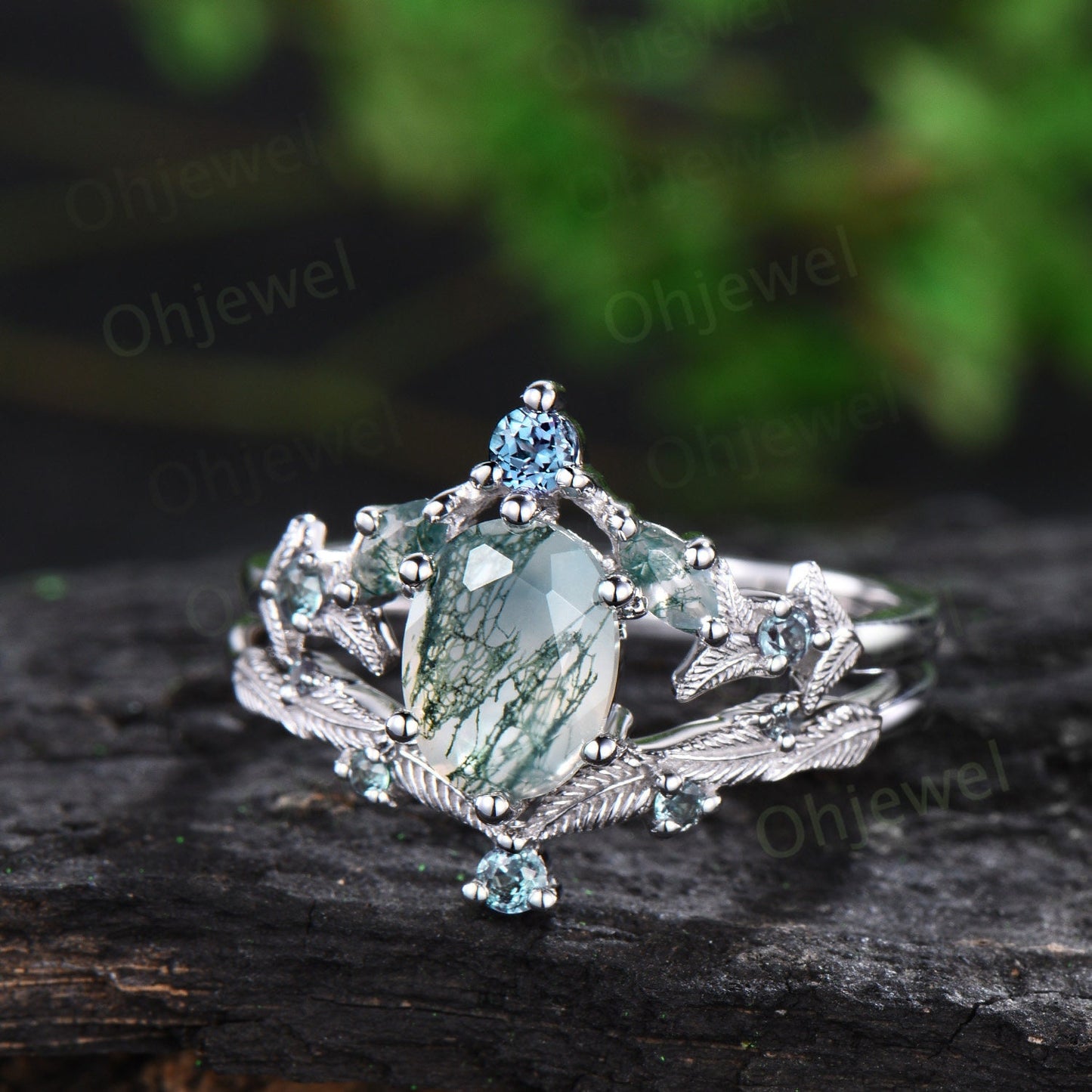 Leaf oval moss agate engagement ring white gold art deco nature inspired alexandrite ring women antique wedding bridal ring set women