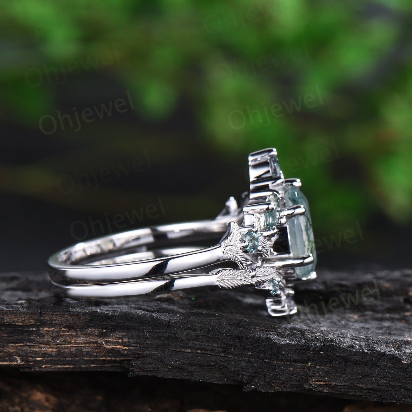 Leaf oval moss agate engagement ring white gold art deco nature inspired alexandrite ring women antique wedding bridal ring set women