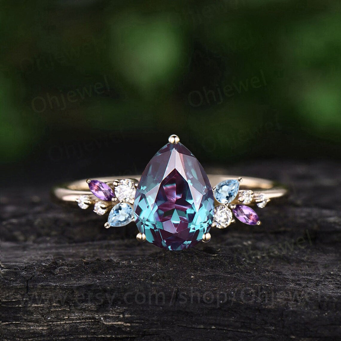 Unique pear shaped alexandrite engagement ring solid 14k rose gold cluster snowdrift amethyst topaz diamond bridal anniversary ring women