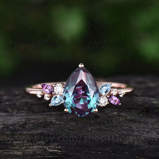 Unique pear shaped alexandrite engagement ring solid 14k rose gold cluster snowdrift amethyst topaz diamond bridal anniversary ring women