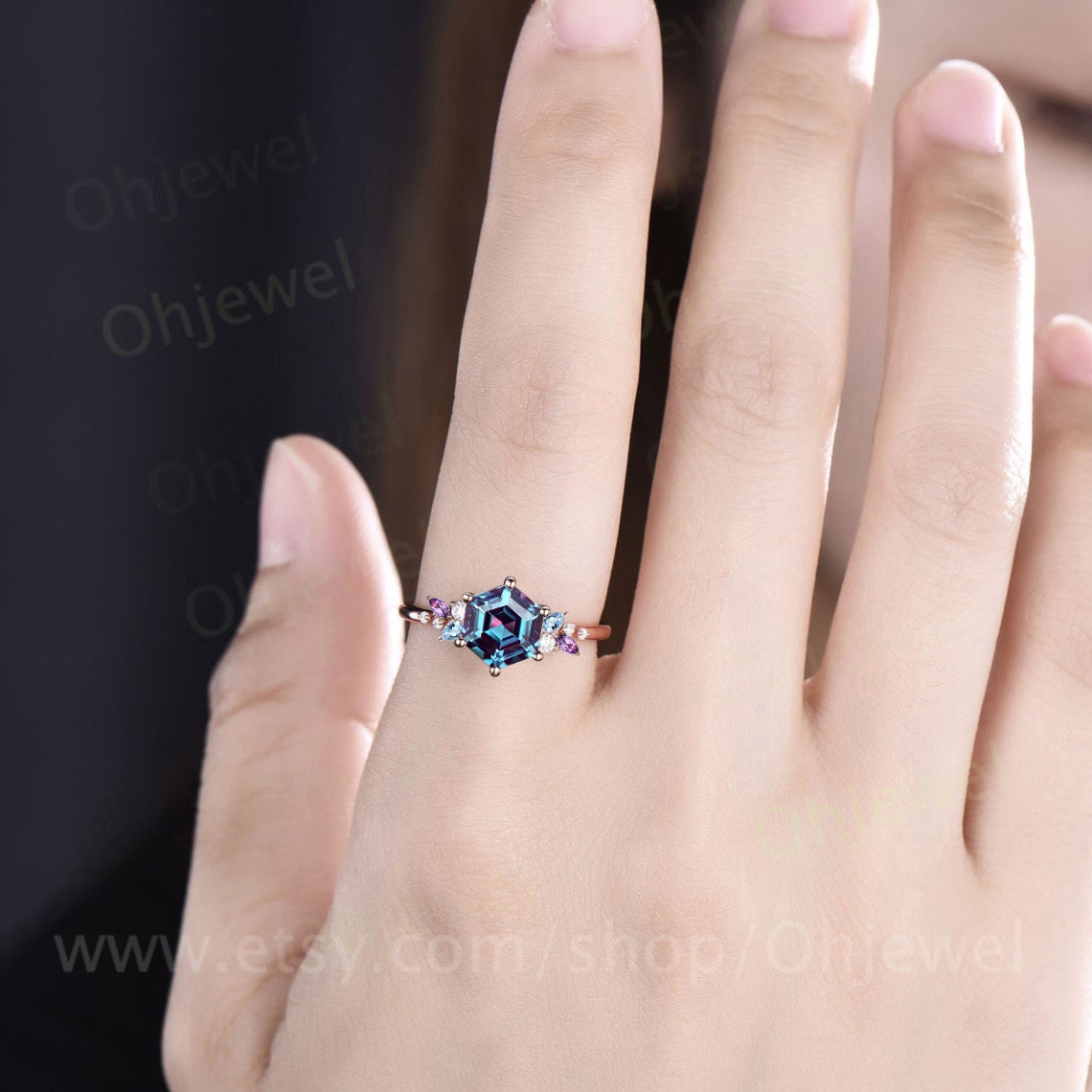 Unique Hexagon cut alexandrite engagement ring solid 14k rose gold cluster snowdrift amethyst topaz diamond bridal anniversary ring women