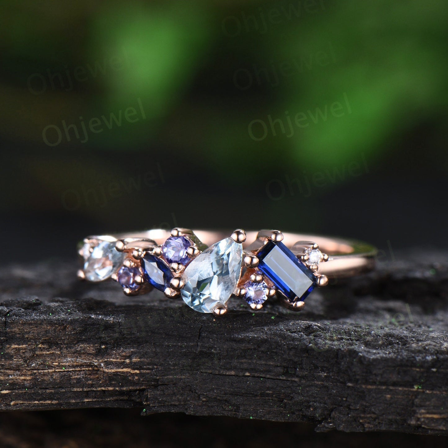 Vintage pear Aquamarine ring art deco Baguette sapphire ring dainty tanzanite ring women solid 14k rose gold anniversary wedding ring gift