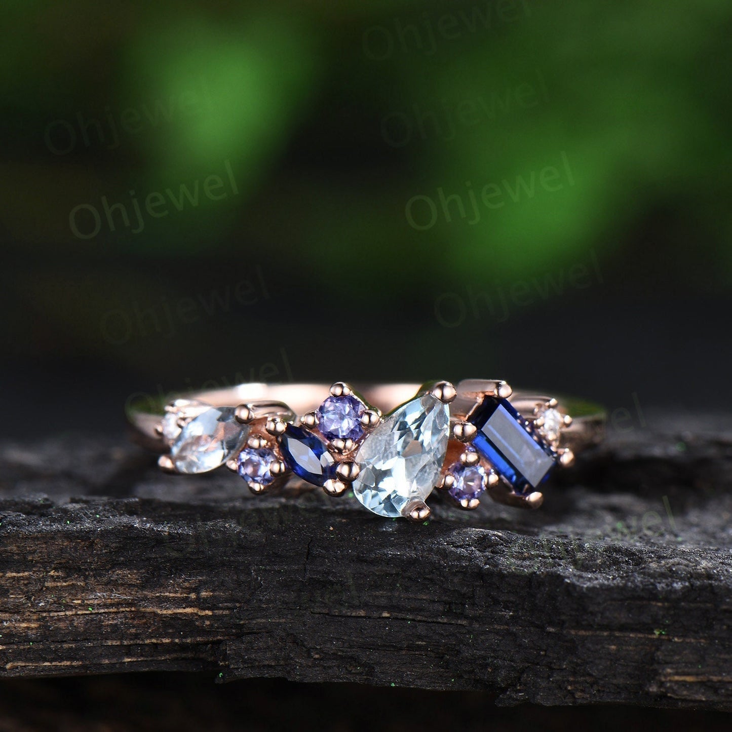 Vintage pear Aquamarine ring art deco Baguette sapphire ring dainty tanzanite ring women solid 14k rose gold anniversary wedding ring gift