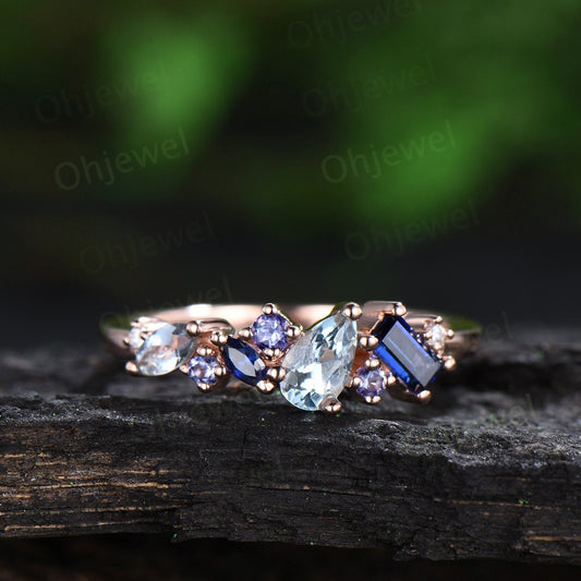 Vintage pear Aquamarine ring art deco Baguette sapphire ring dainty tanzanite ring women solid 14k rose gold anniversary wedding ring gift