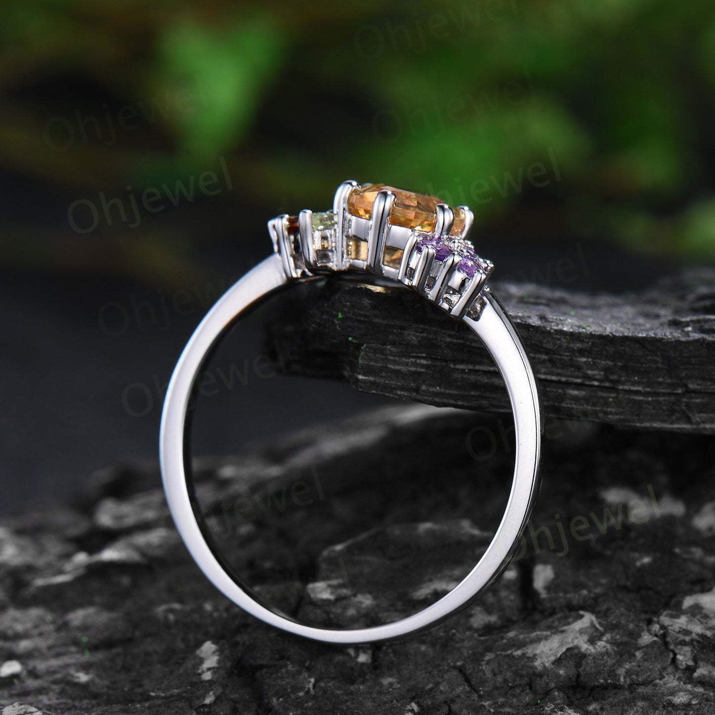 Unique hexagon cut yellow citrine engagement ring cluster peridot amethyst garnet ring women gemstone crystal multi stone ring gift for her
