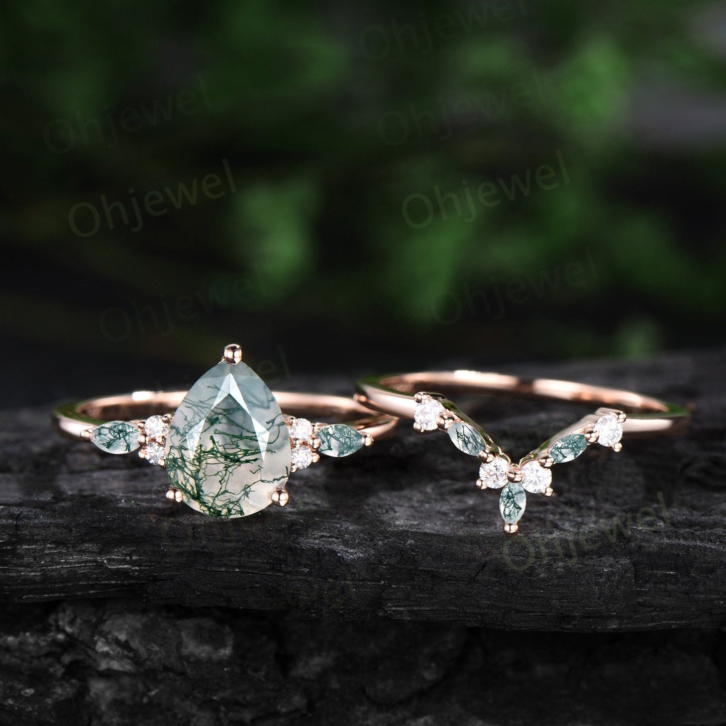 8x10mm pear moss agate engagement ring rose gold marquise moss agate ring set women Personalized diaond bridal promise ring set her