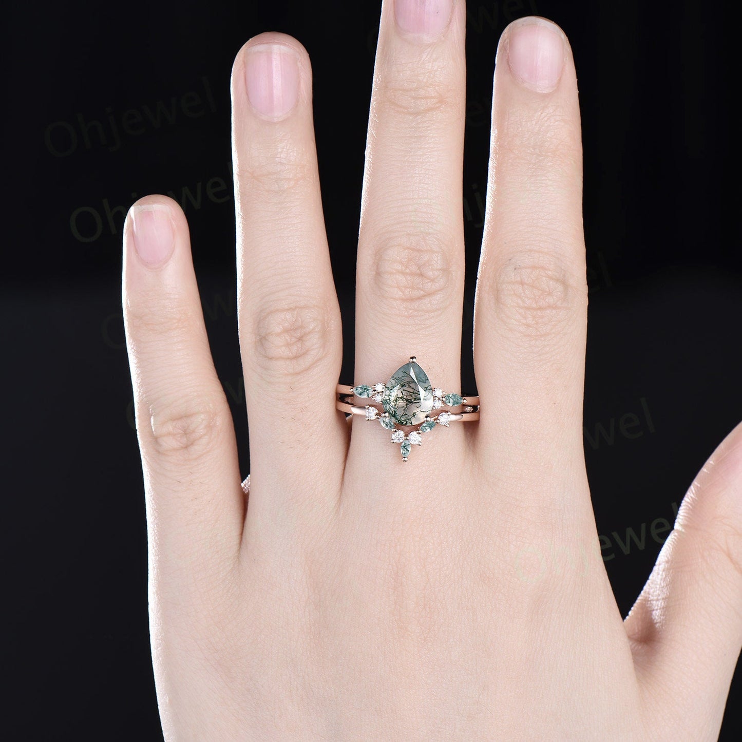 8x10mm pear moss agate engagement ring rose gold marquise moss agate ring set women Personalized diaond bridal promise ring set her